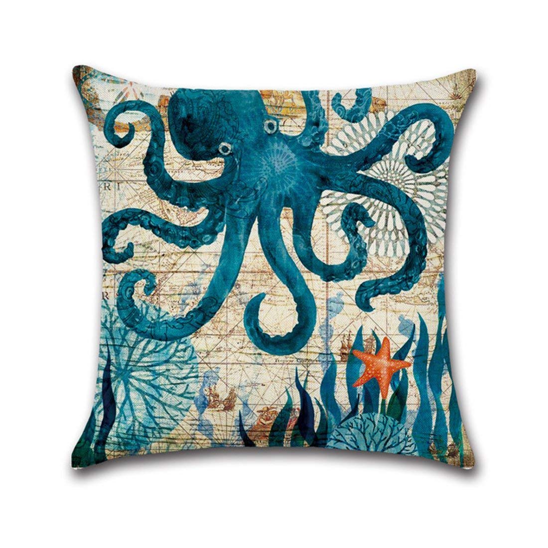 Coastal Octopus Throw Pillow Cover 18x18 Inch – Mediterranean Beach Style Cushion Case