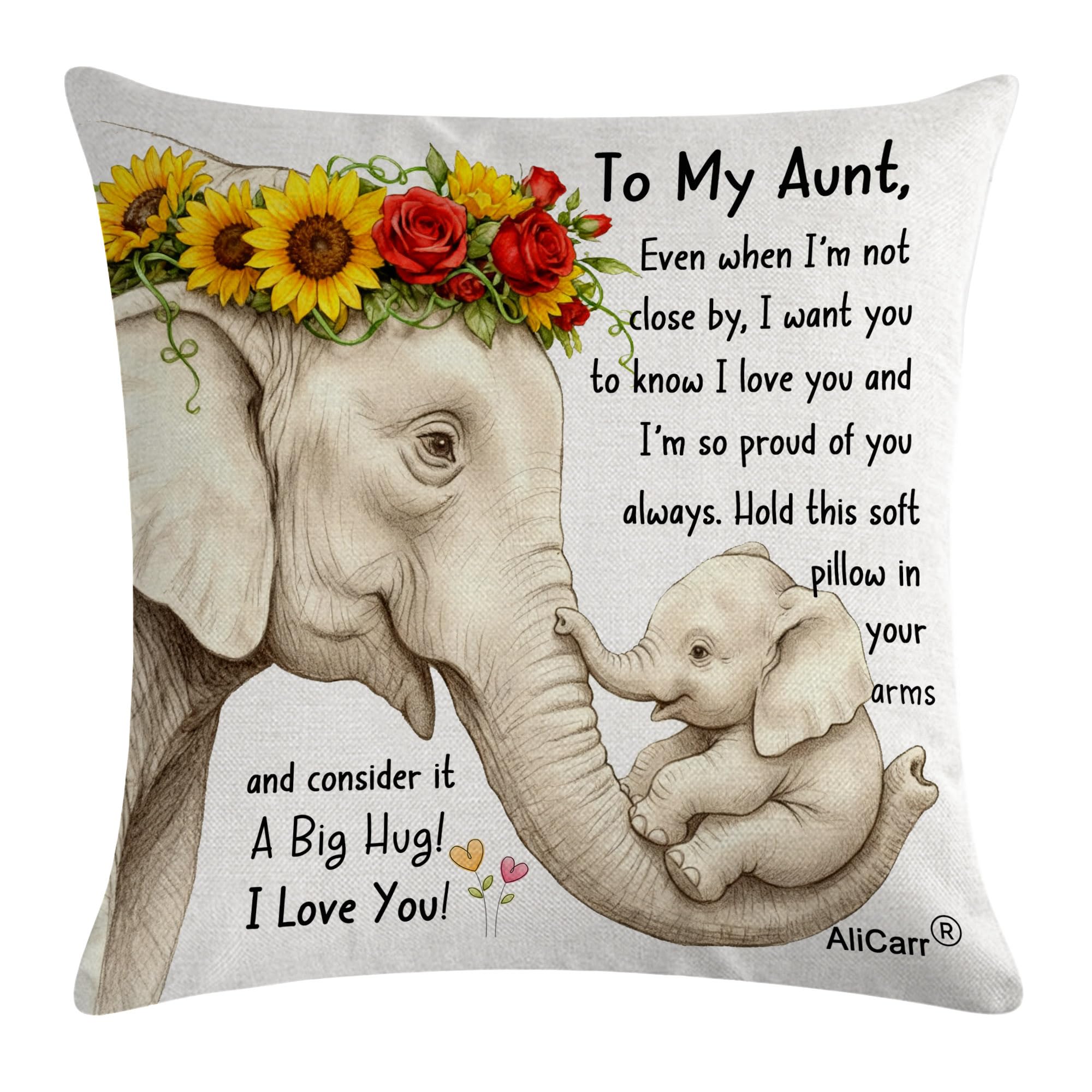 Elephant Floral Throw Pillow Cover 18x18 Inch – Aunt Gift from Niece or Nephew, Linen Cushion Case