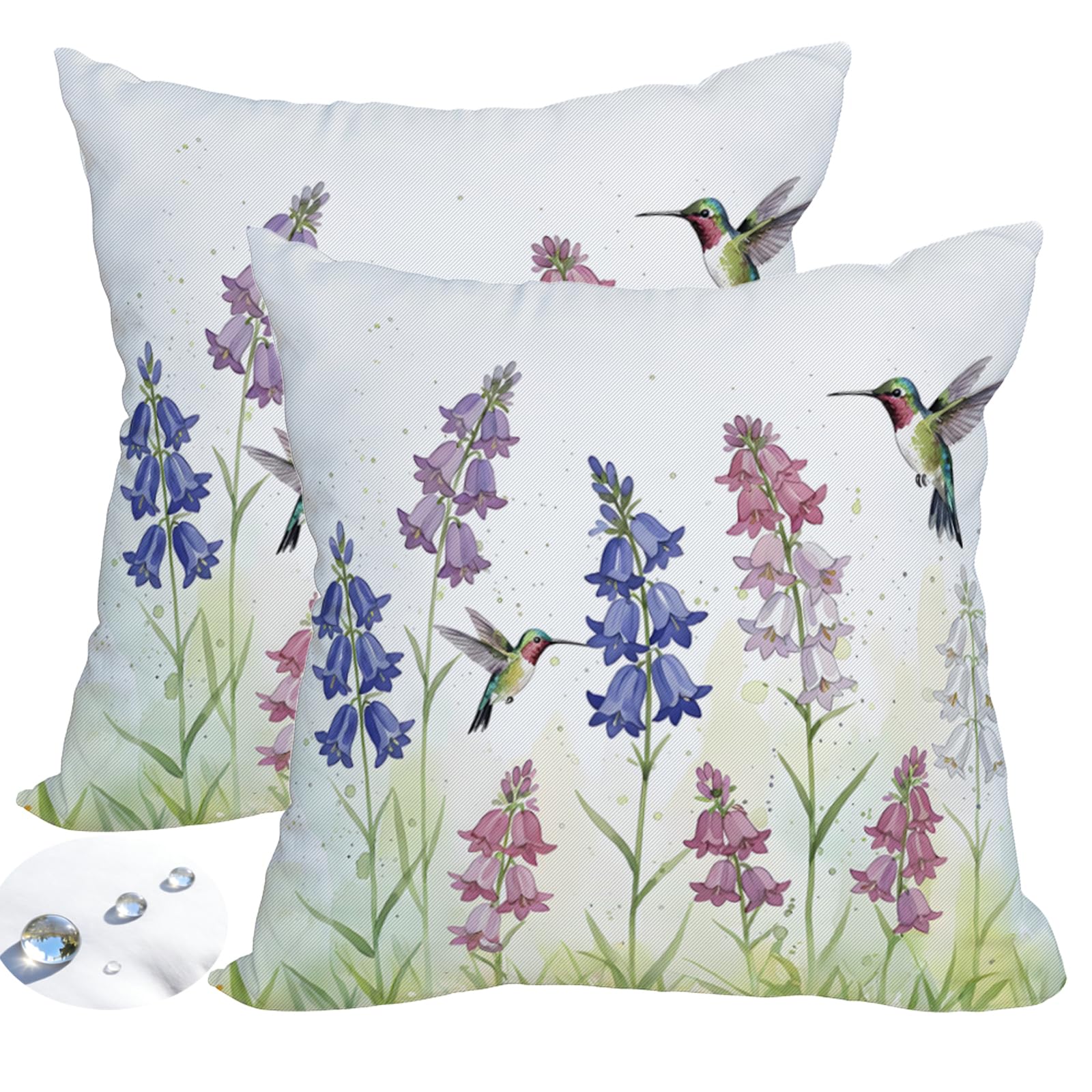 Waterproof Outdoor Throw Pillow Covers Set of 2 – Hummingbird Floral Print, 18x18 Inch